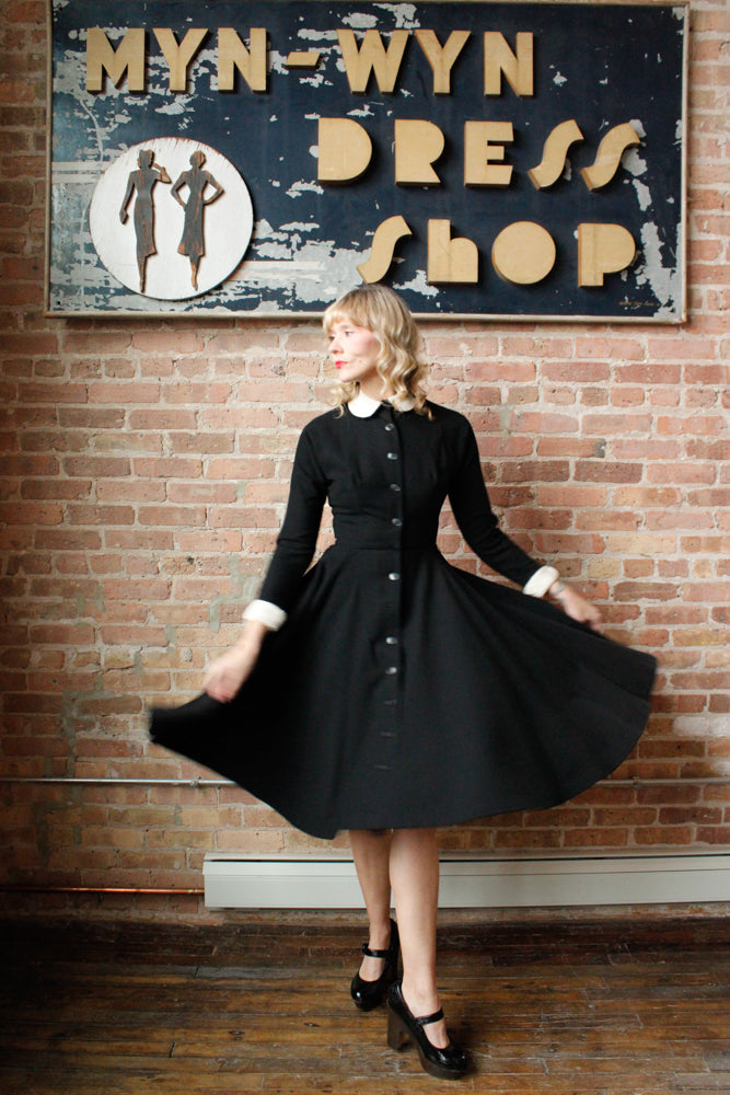 1950s Winter Wool with White Collar Dress - Small 