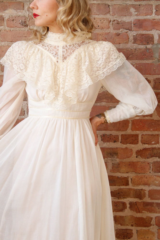 1970s Victorian Revival Candi Jones Ivory Gown - XXS