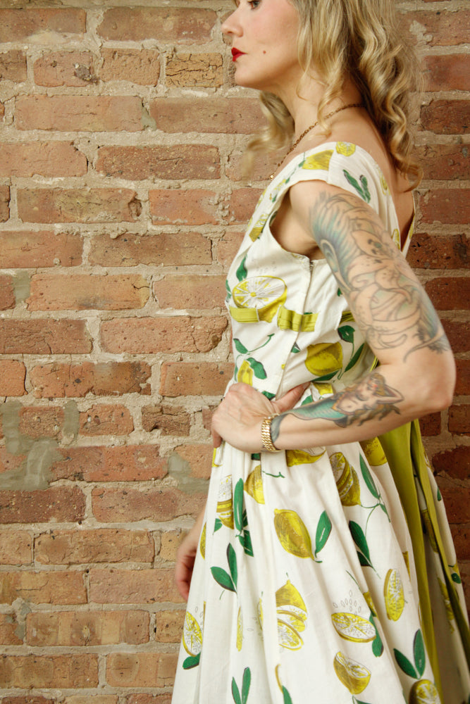 1950s Italian Getaway Lemon Print Dress - Small