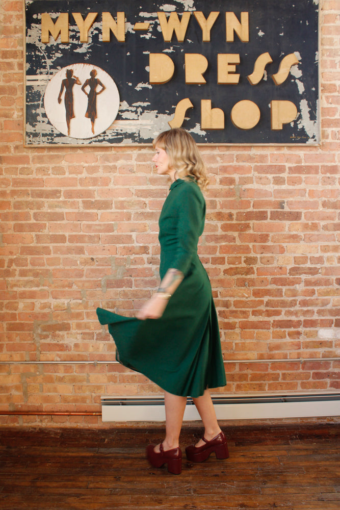 1940s Evergreen Wool Fit and Flare Dress - Small 