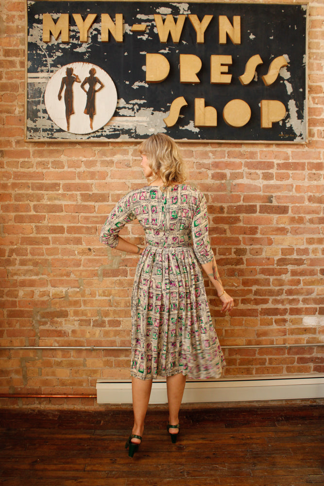 1950s Abstract Parisian Print Silk Dress - Small 