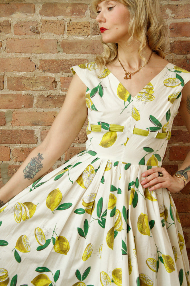 1950s Italian Getaway Lemon Print Dress - Small