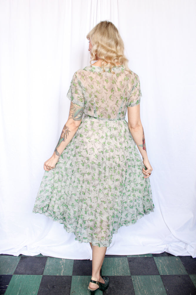 1950s Cirilo Green Floral Dress - Medium