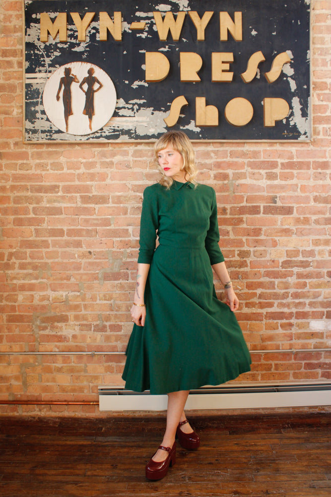 1940s Evergreen Wool Fit and Flare Dress - Small 
