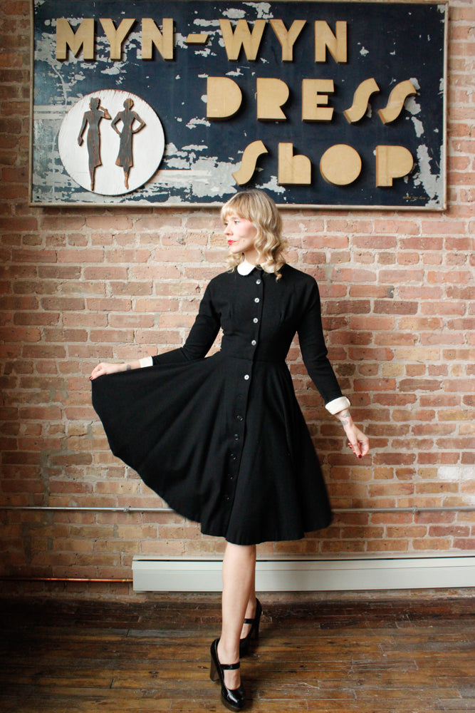 1950s Winter Wool with White Collar Dress - Small 