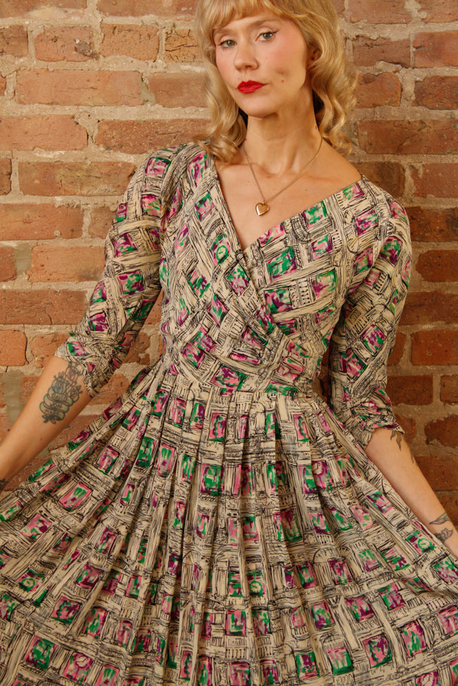 1950s Abstract Parisian Print Silk Dress - Small 