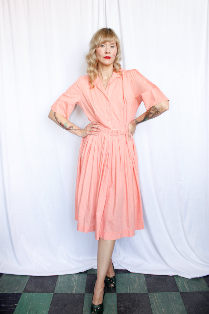 1950s Shirtwaist Coral Cotton Dress - Medium