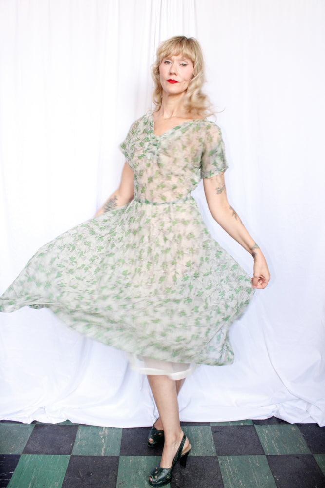 1950s Cirilo Green Floral Dress - Medium