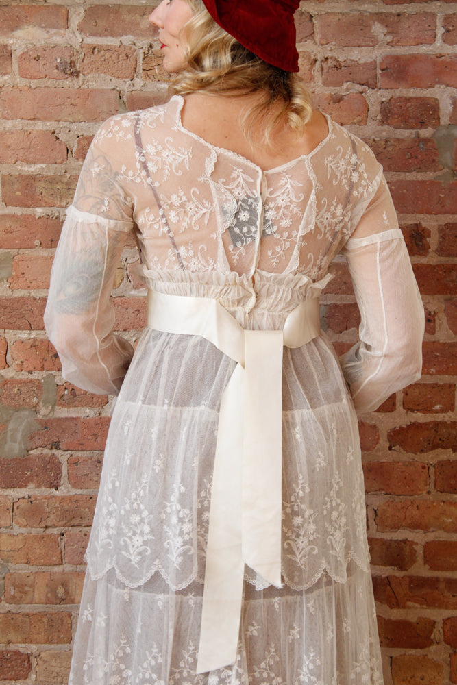 Edwardian Lace Tulle Tiered Sheer Wedding Dress - Small