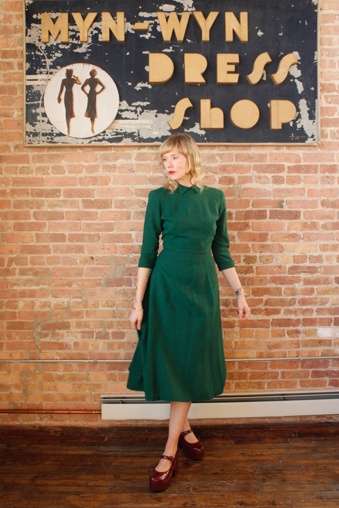 1940s Evergreen Wool Fit and Flare Dress - Small 