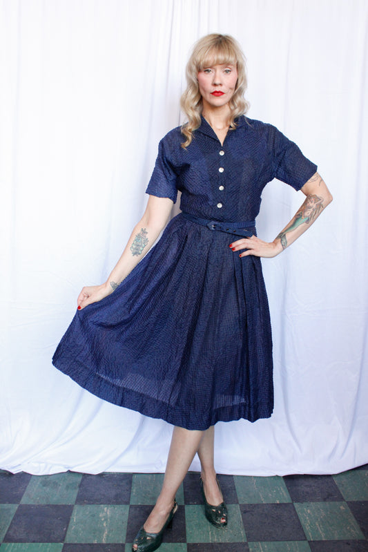 1950s Navy Puckered Nylon Shirt Waist Dress - Small