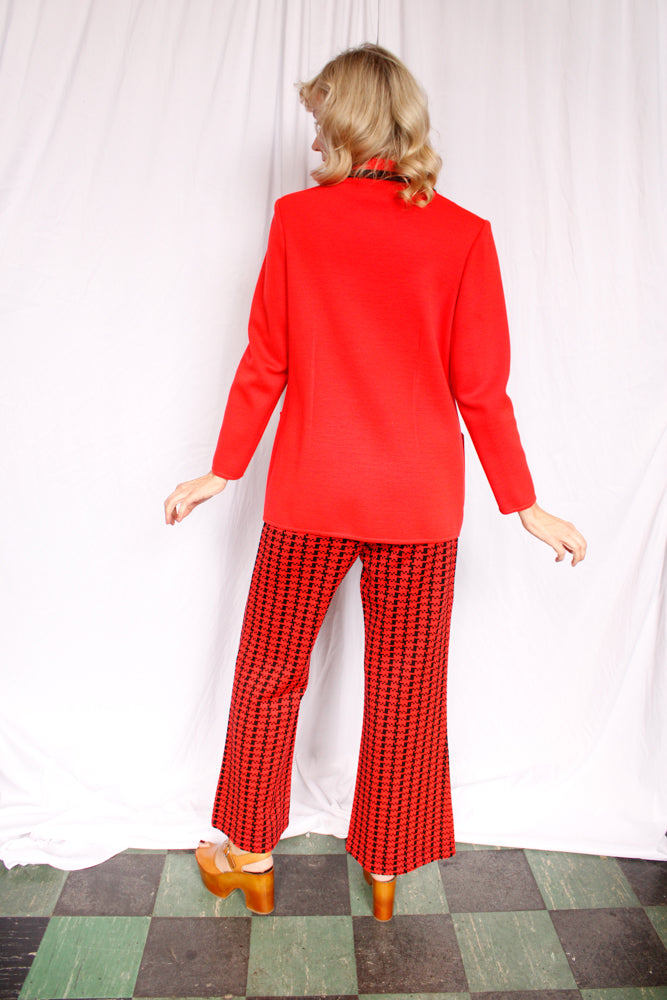 1970s Red Orange & Black Houndstooth Knit Wool Suit - L/XL
