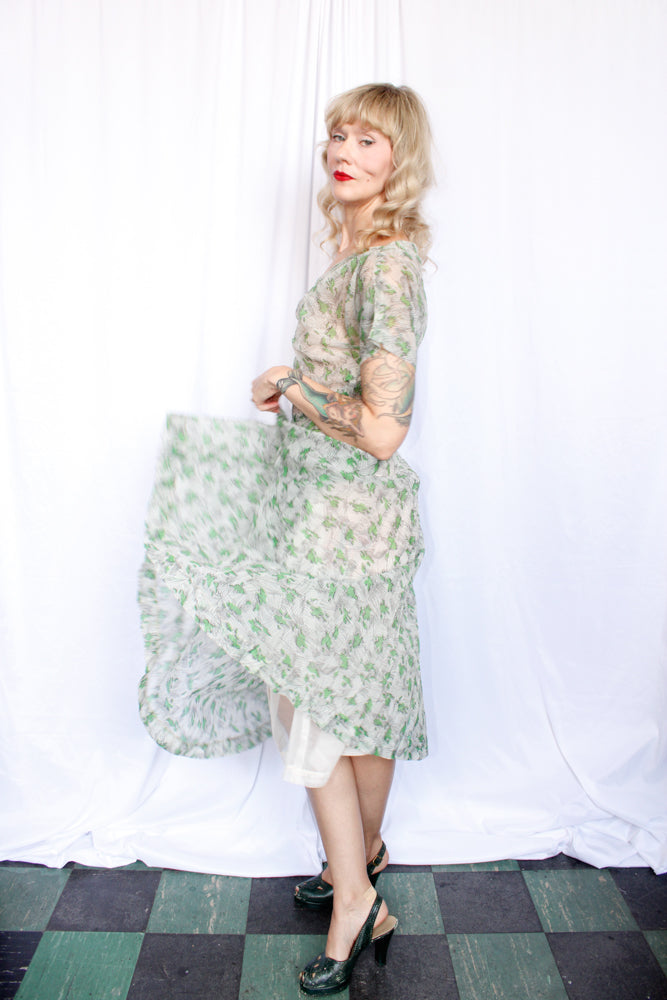 1950s Cirilo Green Floral Dress - Medium