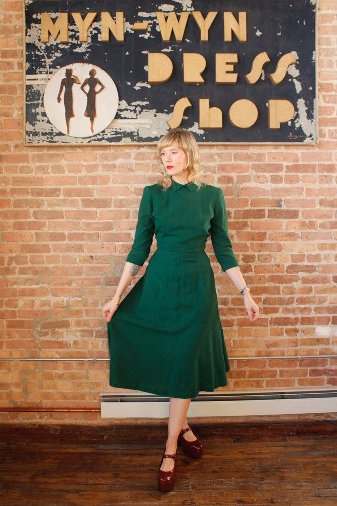 1940s Evergreen Wool Fit and Flare Dress - Small 