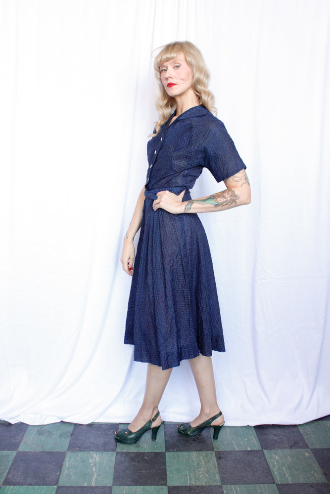 1950s Navy Puckered Nylon Shirt Waist Dress - Small