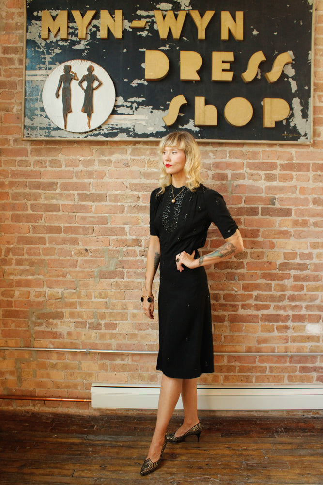 1940s Black Rayon Studded Dress - Medium