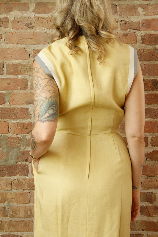 1960s Yellow Linen Teal Traina Dress - Small 