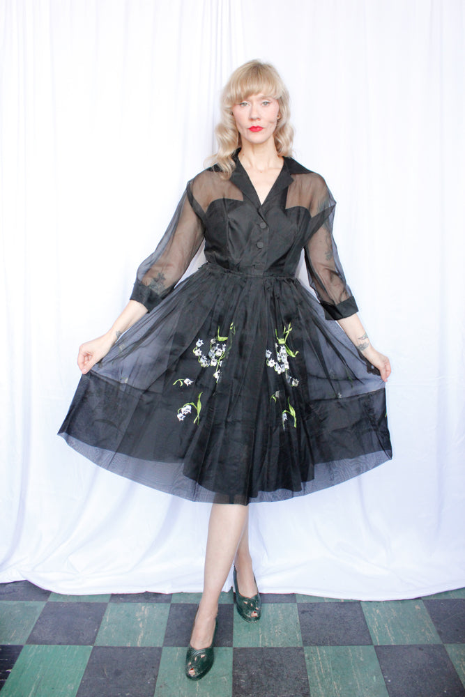 1950s Embroidered Floral Organza Party Dress - Medium