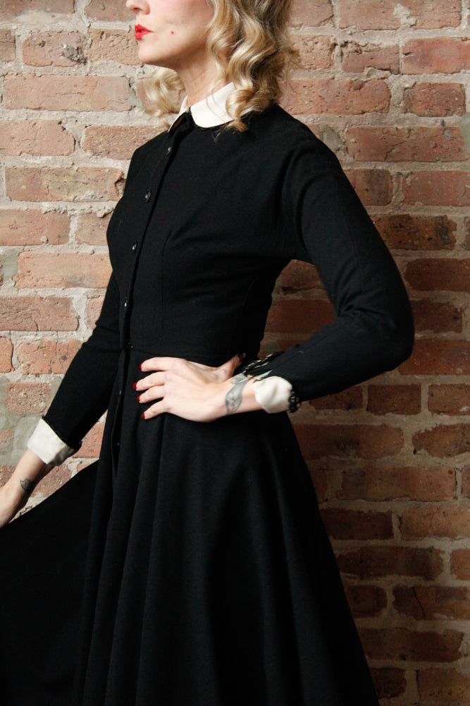 1950s Winter Wool with White Collar Dress - Small 