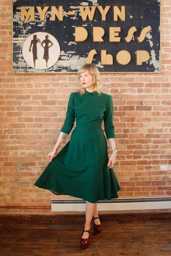 1940s Evergreen Wool Fit and Flare Dress - Small 