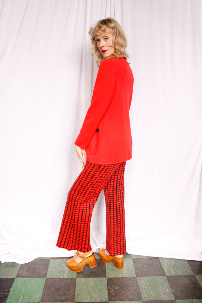 1970s Red Orange & Black Houndstooth Knit Wool Suit - L/XL