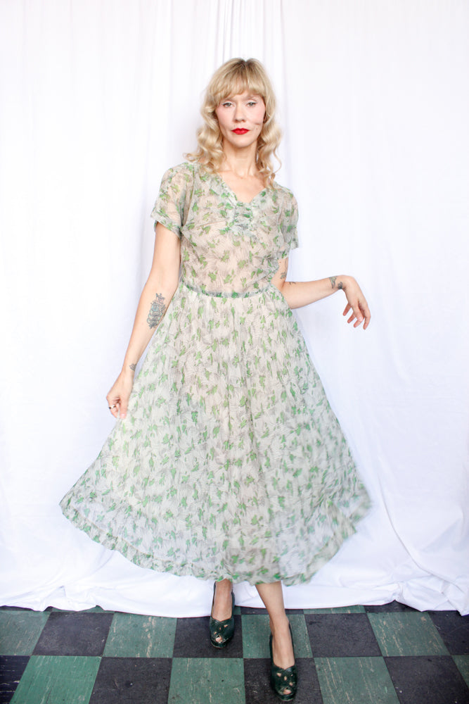 1950s Cirilo Green Floral Dress - Medium