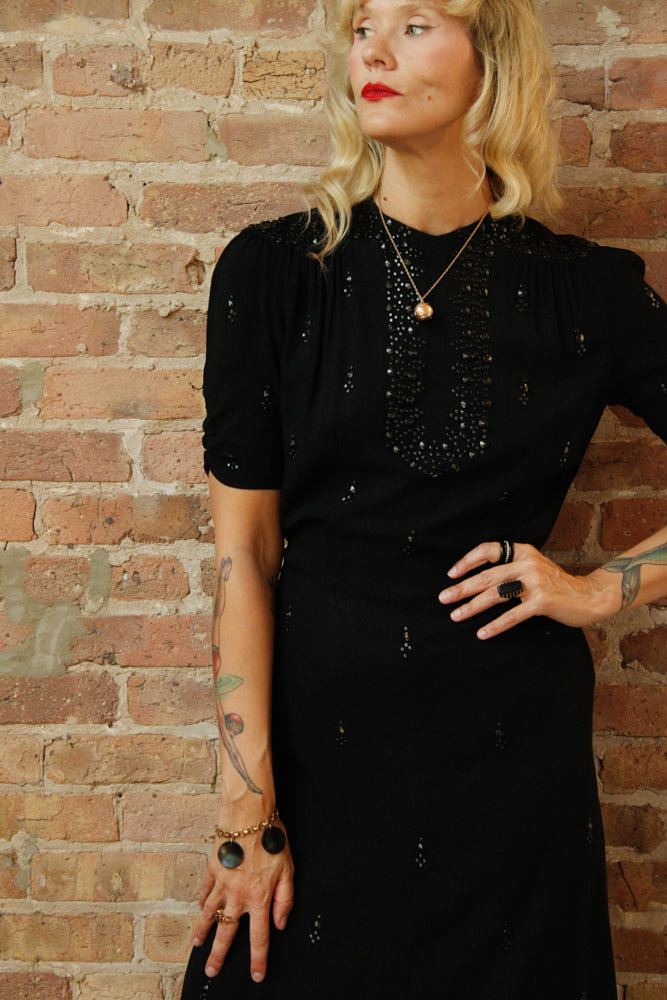 1940s Black Rayon Studded Dress - Medium