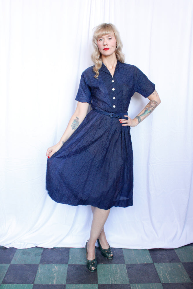 1950s Navy Puckered Nylon Shirt Waist Dress - Small