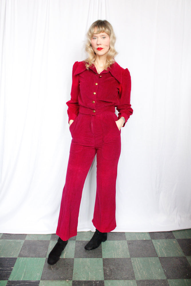 1970s "The Now Generation" Magenta Velour Suit - Small