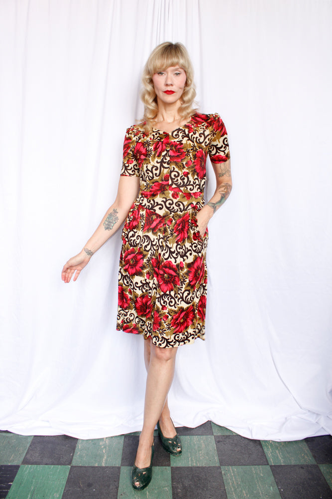 Late 1930s Rayon Jersey Poppy Dress - Small