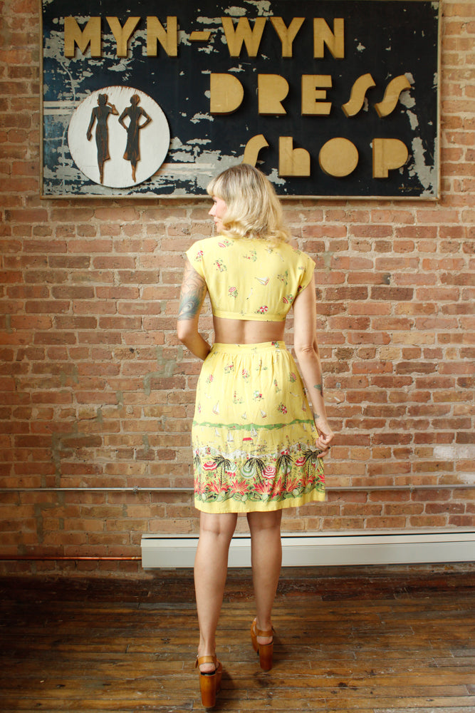 1940s Debby Lou Beach Scene Crop Top & Skirt Set - Xs/Small
