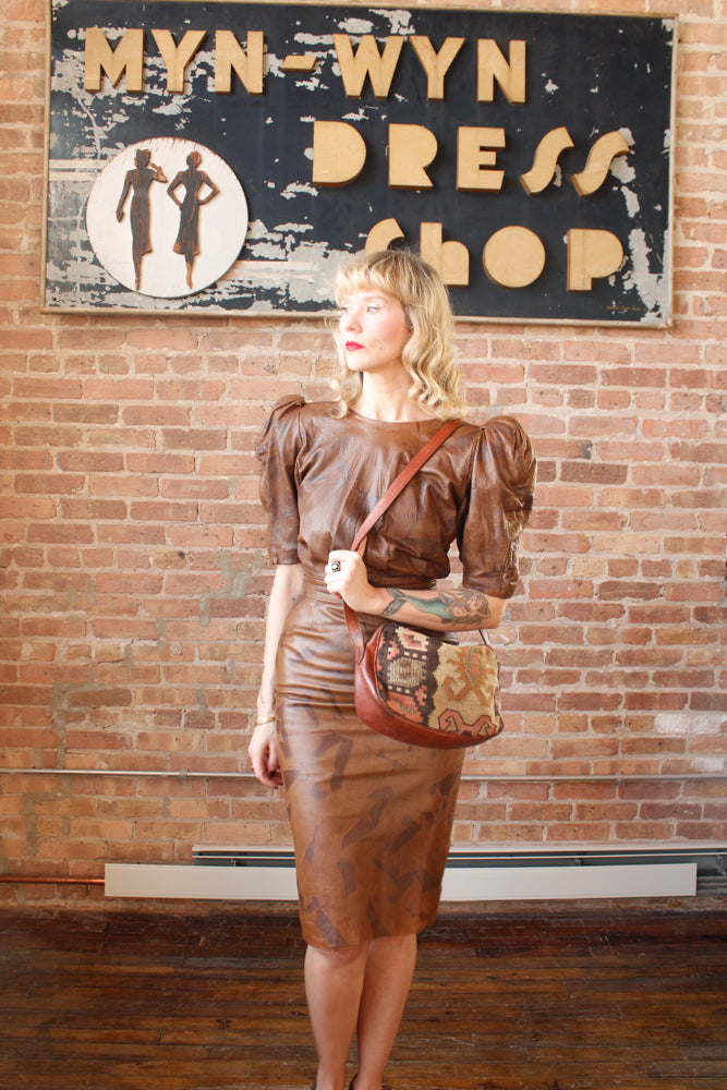1980s Brown Leather Fitted Dress with Belt - Xs/S