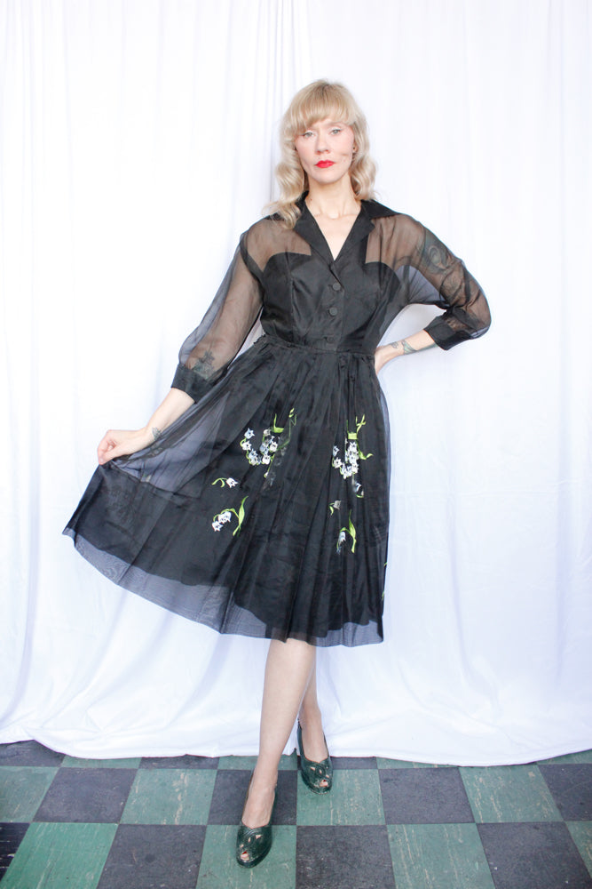 1950s Embroidered Floral Organza Party Dress - Medium