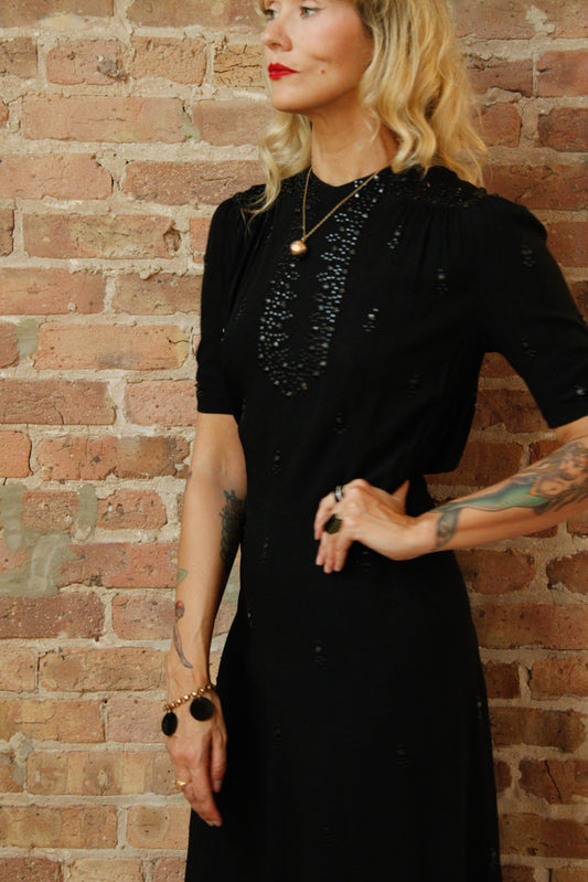 1940s Black Rayon Studded Dress - Medium