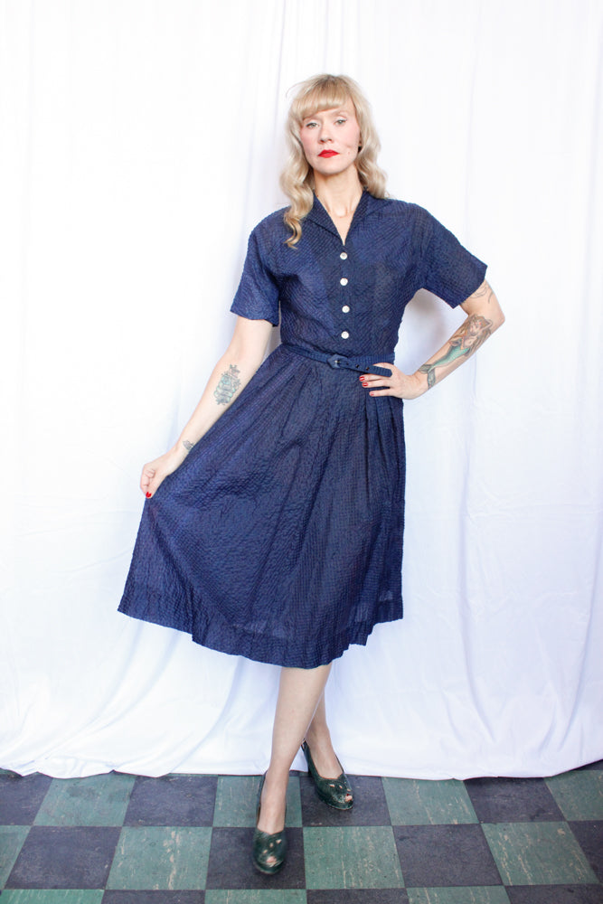 1950s Navy Puckered Nylon Shirt Waist Dress - Small