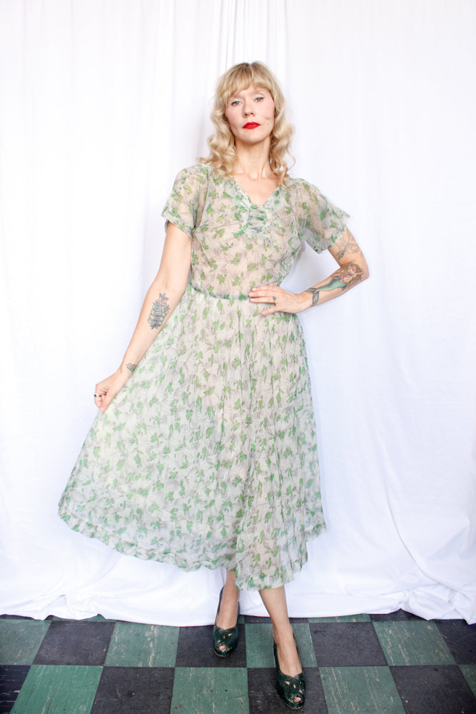 1950s Cirilo Green Floral Dress - Medium