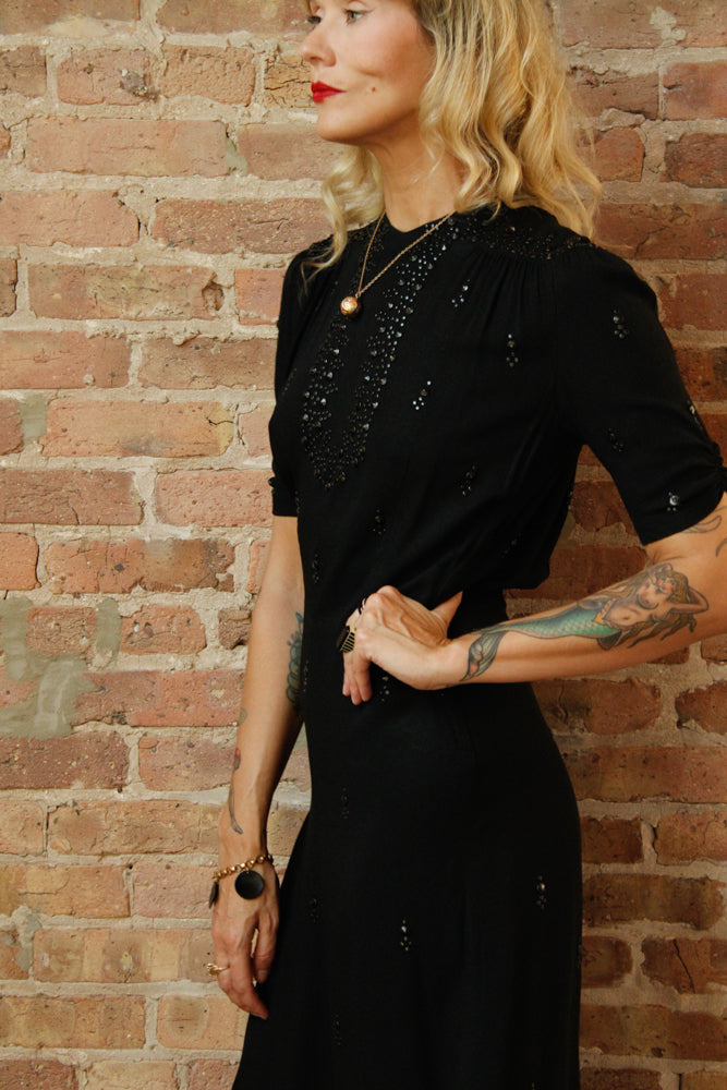 1940s Black Rayon Studded Dress - Medium