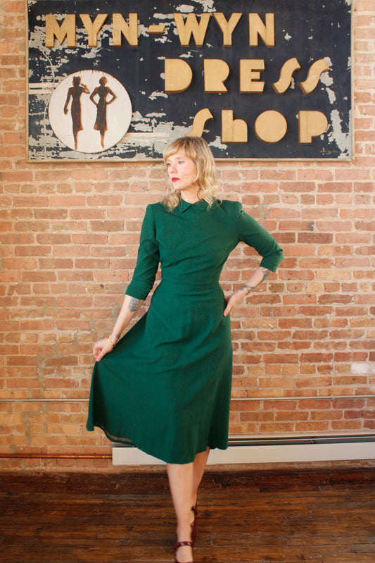 1940s Evergreen Wool Fit and Flare Dress - Small 