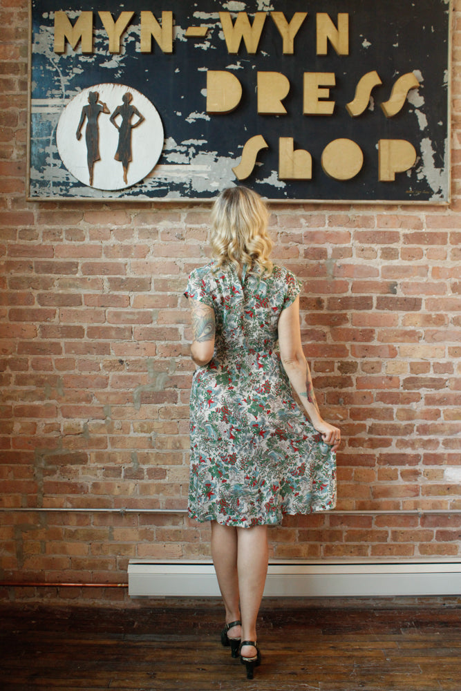 1940s Silk Feathers in the Trees Dress - Medium