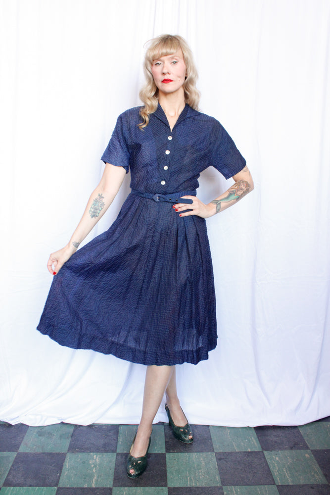 1950s Navy Puckered Nylon Shirt Waist Dress - Small