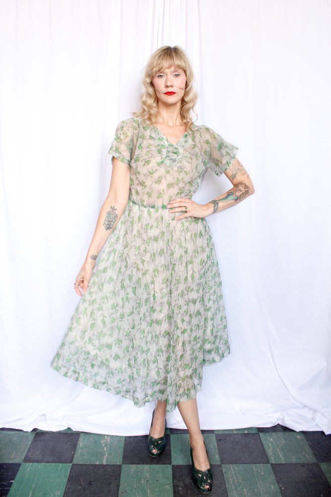 1950s Cirilo Green Floral Dress - Medium