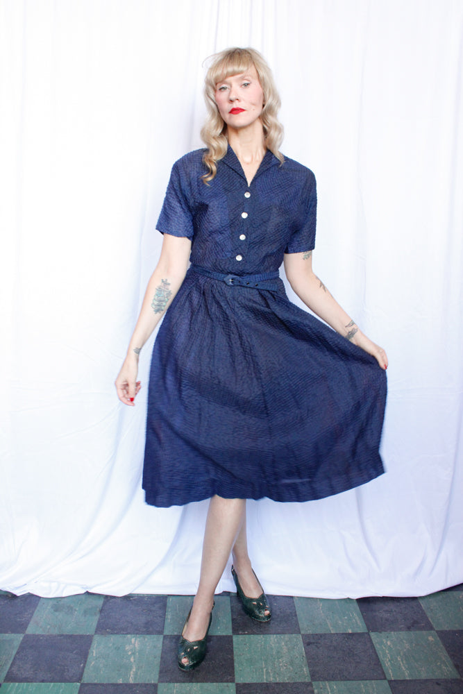 1950s Navy Puckered Nylon Shirt Waist Dress - Small