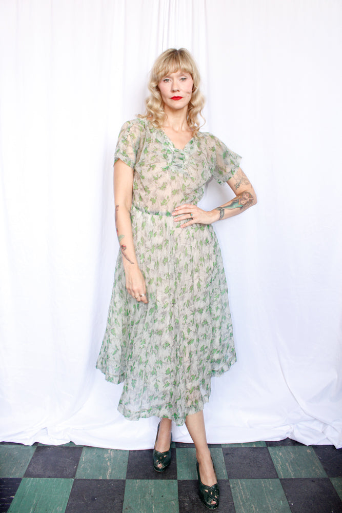 1950s Cirilo Green Floral Dress - Medium