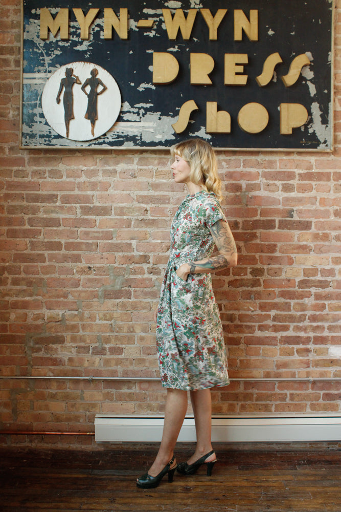 1940s Silk Feathers in the Trees Dress - Medium
