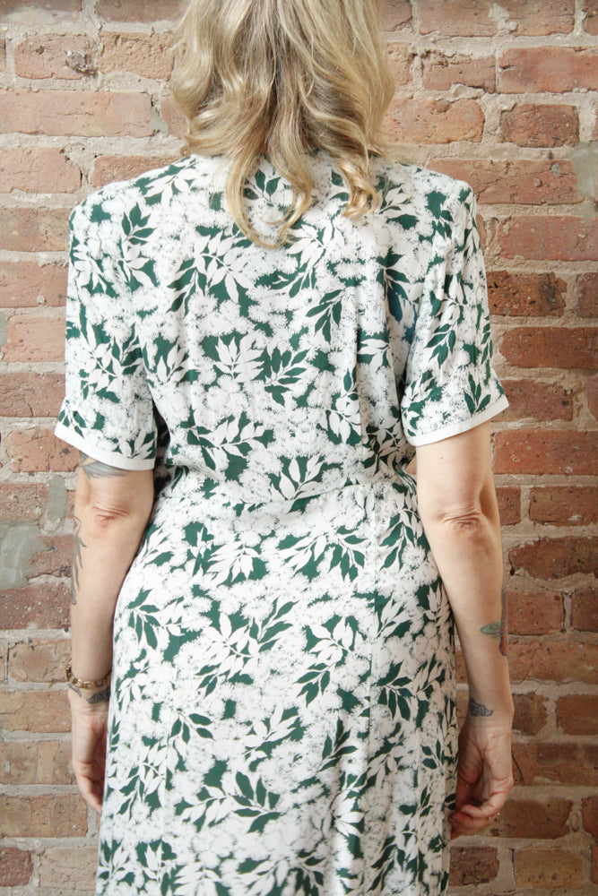 1930s Green & White Floral Silk Dress - M/L