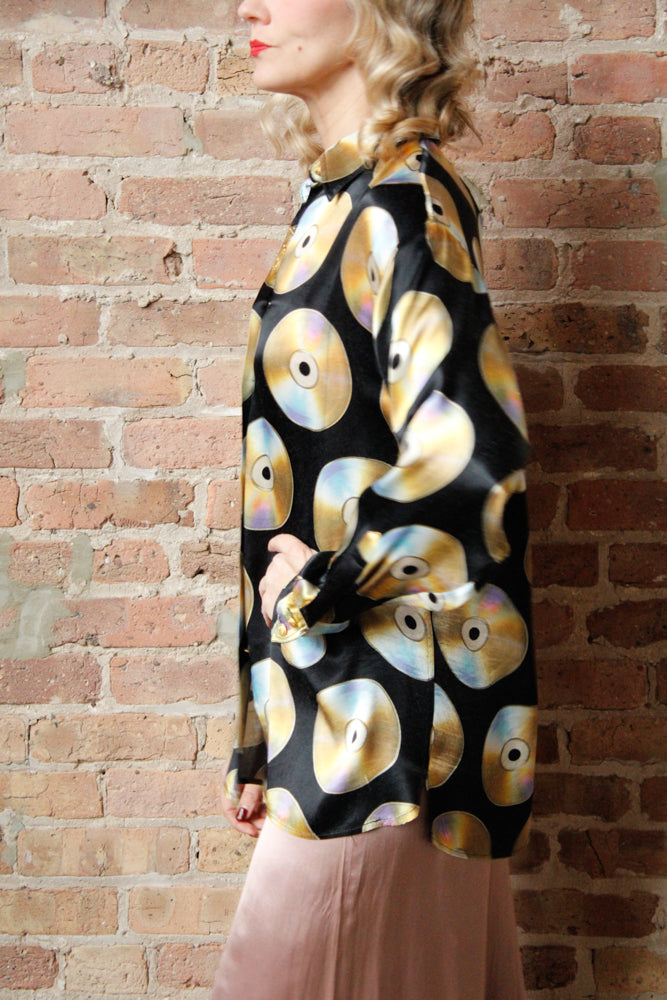 1990s Moschino CD Print Silk Blend Shirt - Large