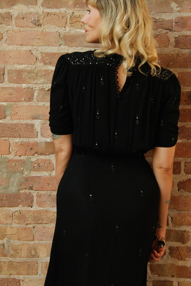 1940s Black Rayon Studded Dress - Medium