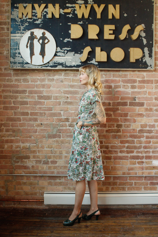 1940s Silk Feathers in the Trees Dress - Medium