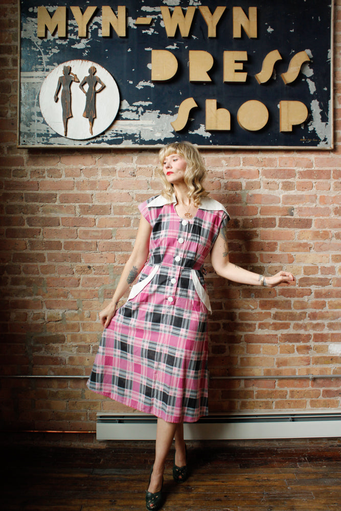 1950s April Plaid Cotton Dress - Med