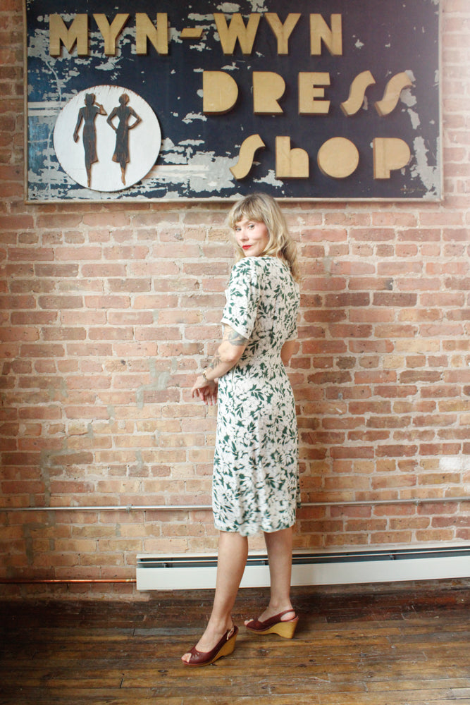 1930s Green & White Floral Silk Dress - M/L